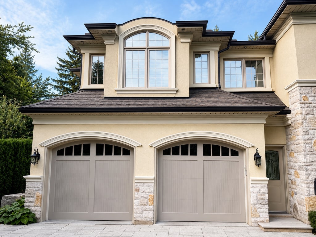 Two painted carriage-style garage doors with coordinated exterior trim