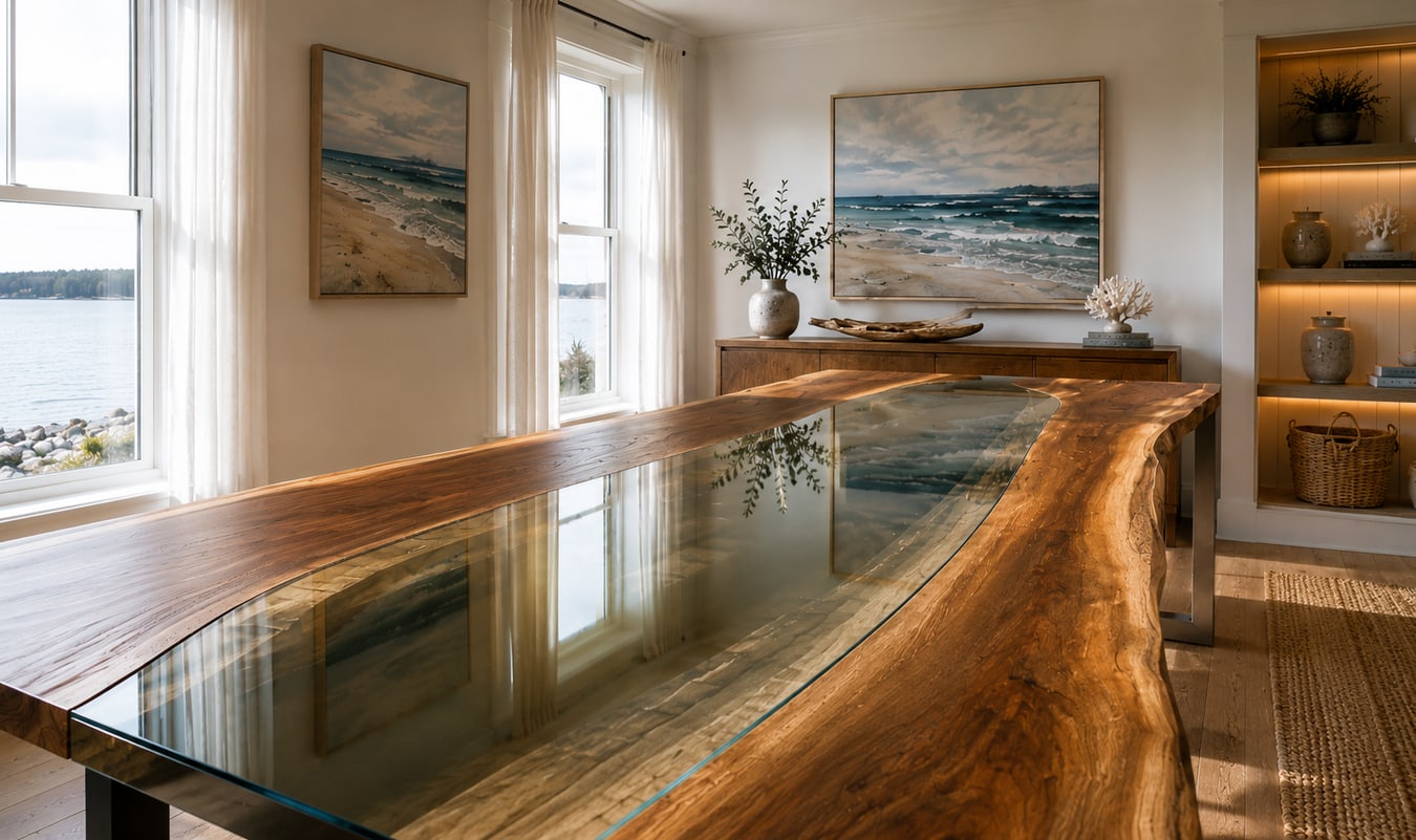 Finished live-edge table with inset glass in a bright lakeside interior